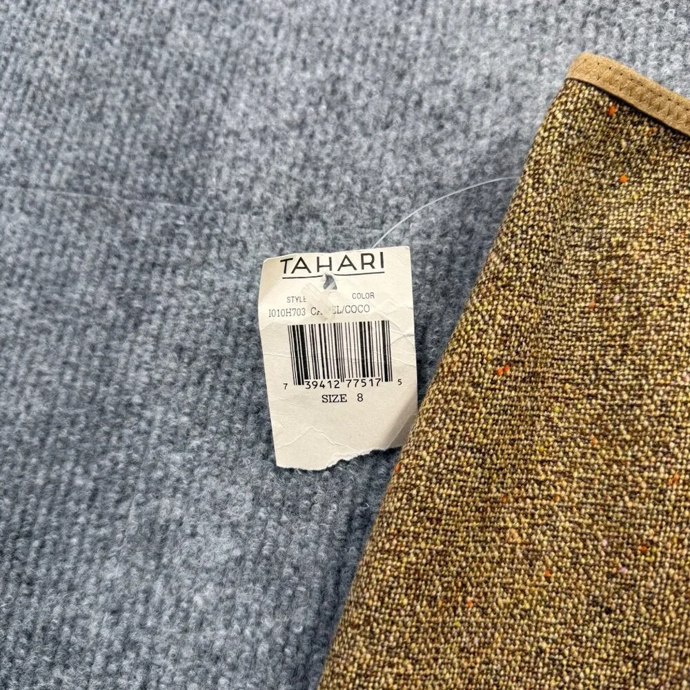 VTG 90s NEW Tahari Tweed Wool Blend Skirt Fur Hem Pepple Accents Camel Boho Chic